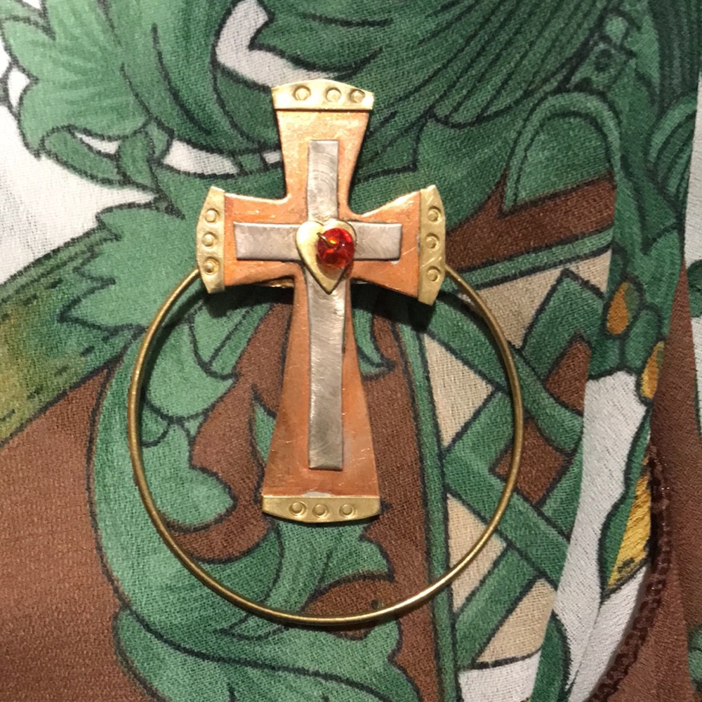 Mixed Metal Cross Brooch Large  2.5” Ruby Red Bead W/Circle